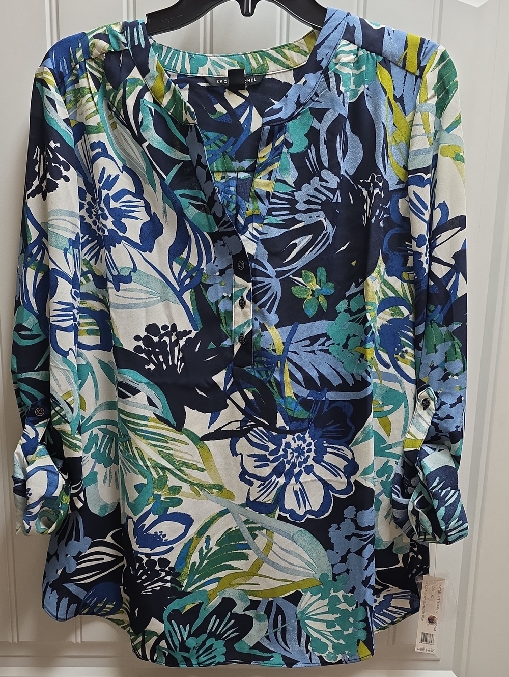 Zac & Rachel Lush Blue Floral V-Neck Blouse XL